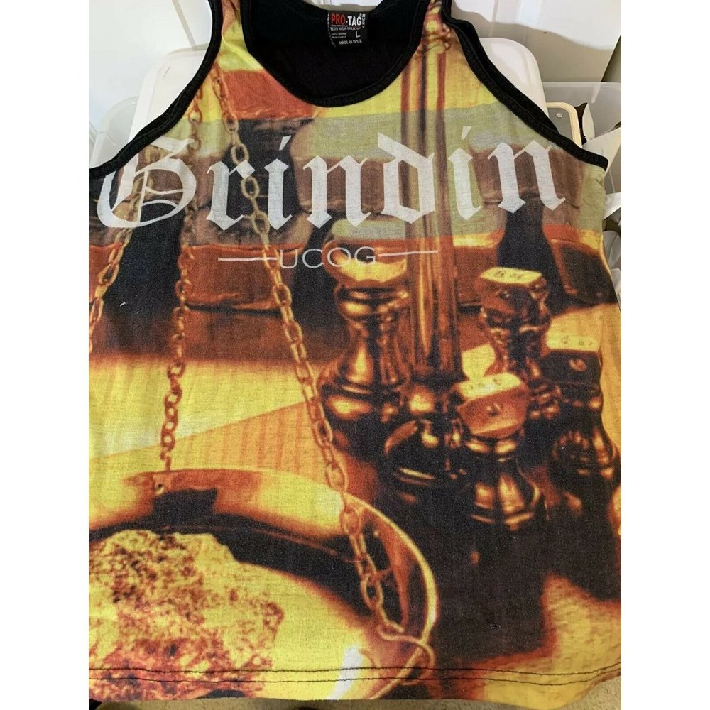 Grindin UCOG‎ Men’s Sz L Black Muscle T Shirt All Over Print Front Hit Pro Tag